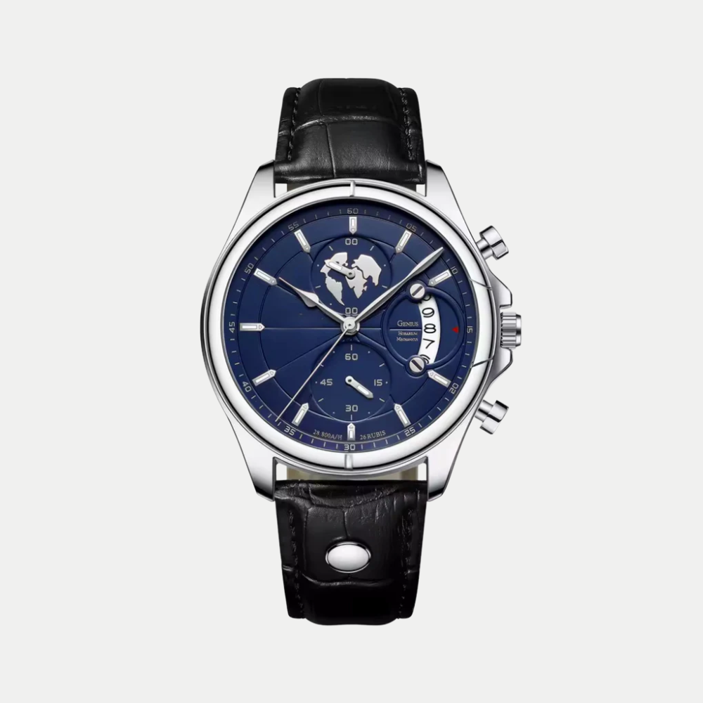 Breckmont Meridian men's dress watch silver case blue dial black leather strap