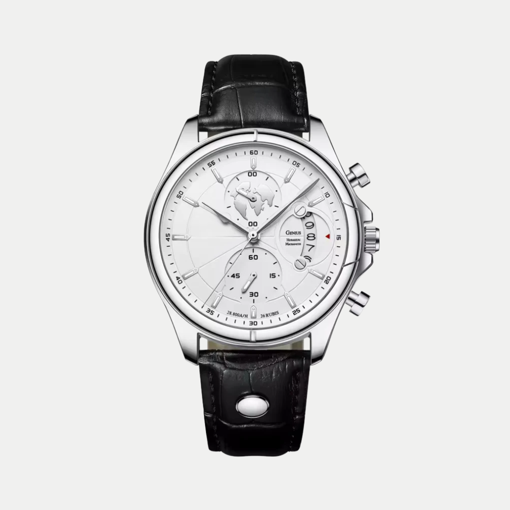 Breckmont Meridian men's dress watch silver case white dial black leather strap