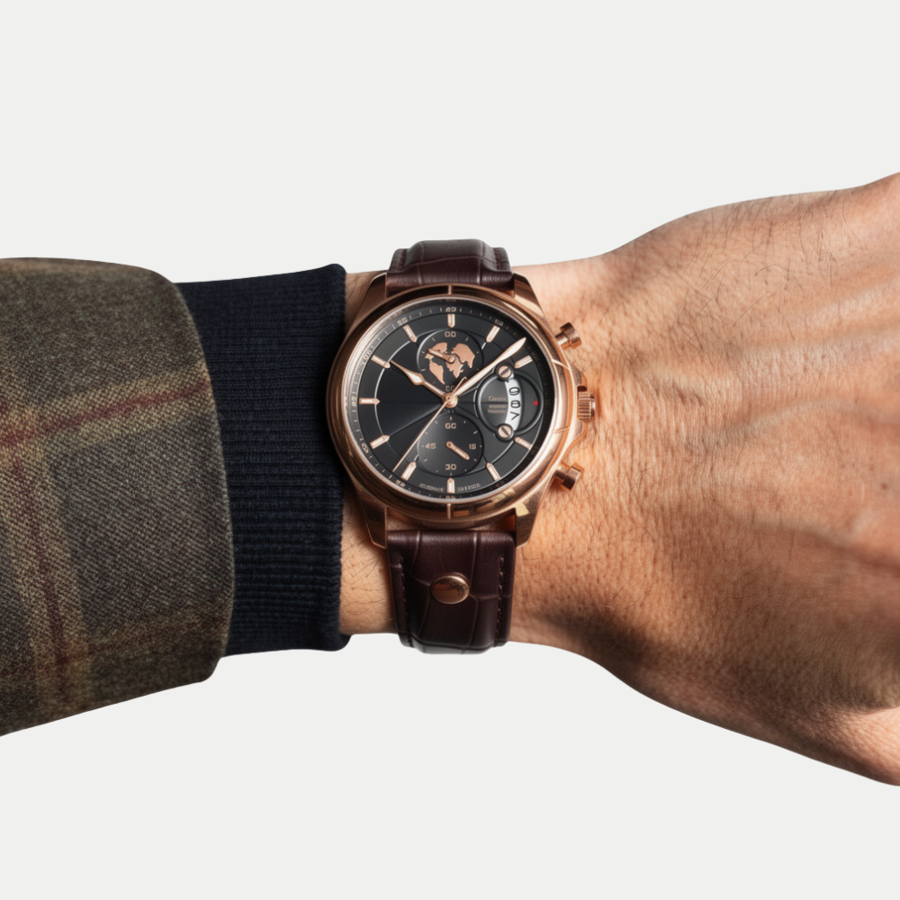 Breckmont Meridian rose gold men's dress watch on wrist black dial brown leather strap