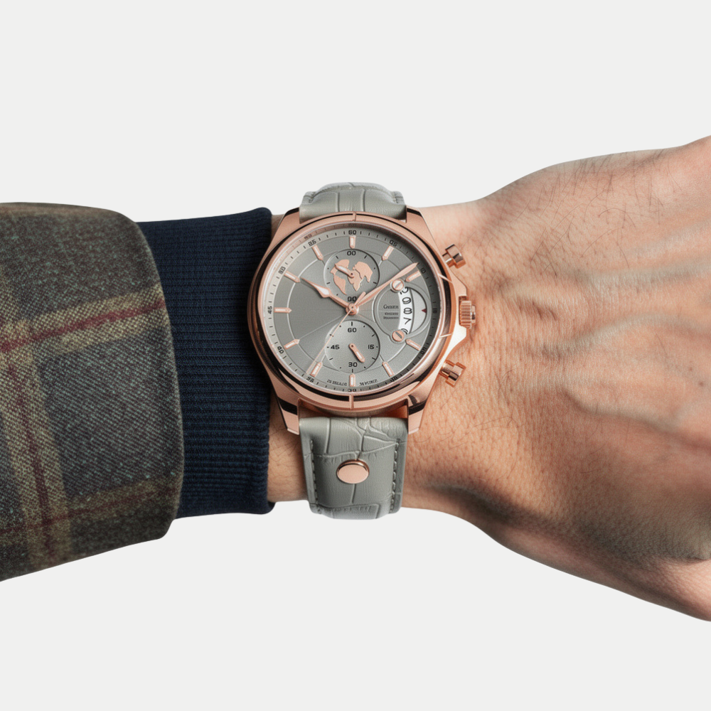 Breckmont Meridian rose gold men's dress watch on wrist green leather strap