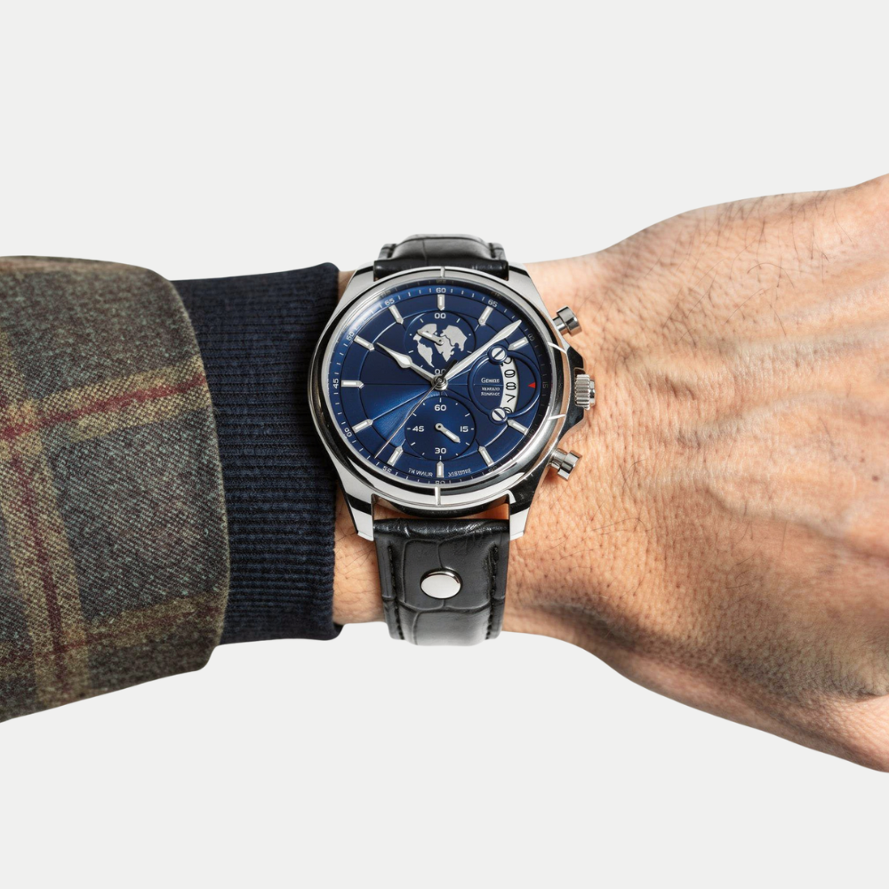 Breckmont Meridian silver men's dress watch on wrist blue dial black leather strap