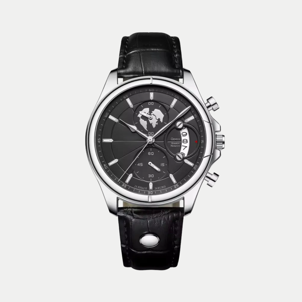 Breckmont Meridian men's dress watch silver case black dial black leather strap