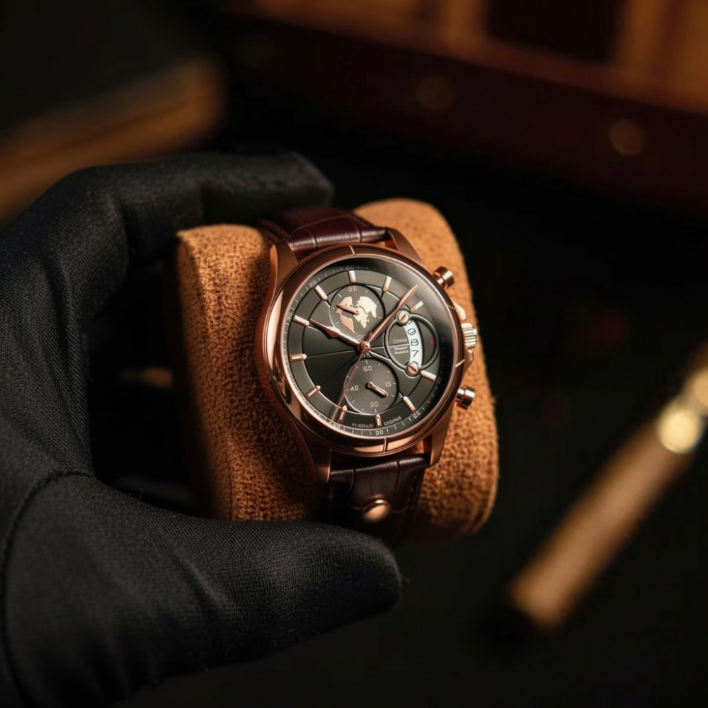 Breckmont Meridian luxury men's dress watch rose gold case black dial lifestyle