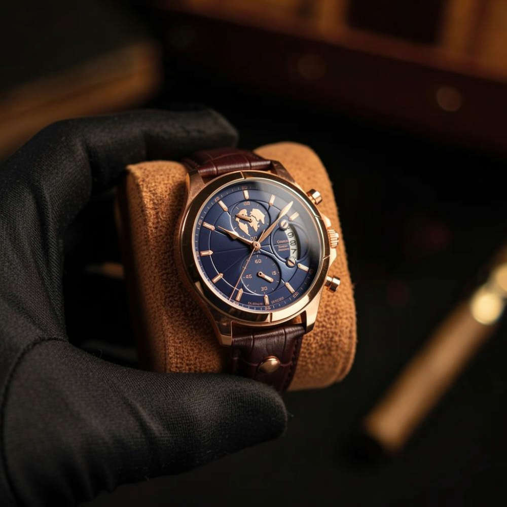 Breckmont Meridian luxury men's dress watch rose gold case blue dial lifestyle