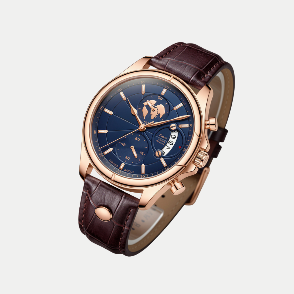Breckmont Meridian rose gold classic men's watch side view blue dial